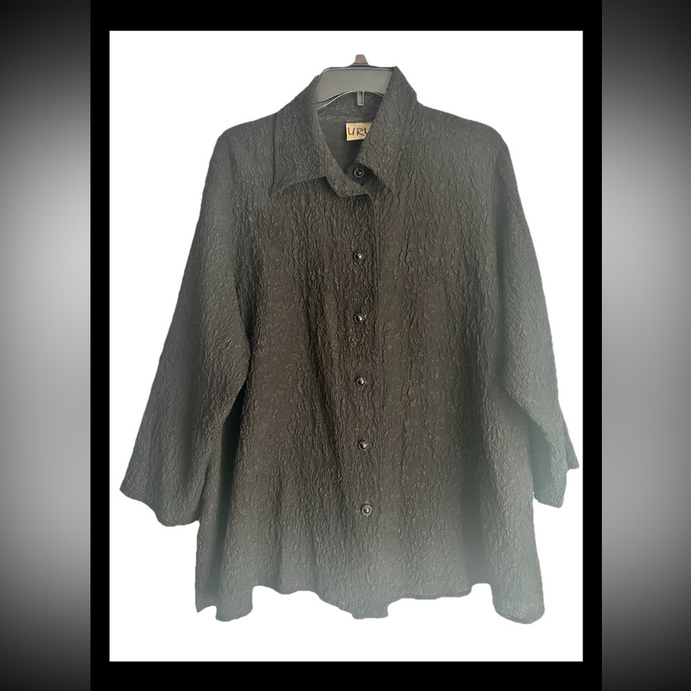 URU Black Silk Textured 3/4 Sleeve Tunic Blouse Sz M/L